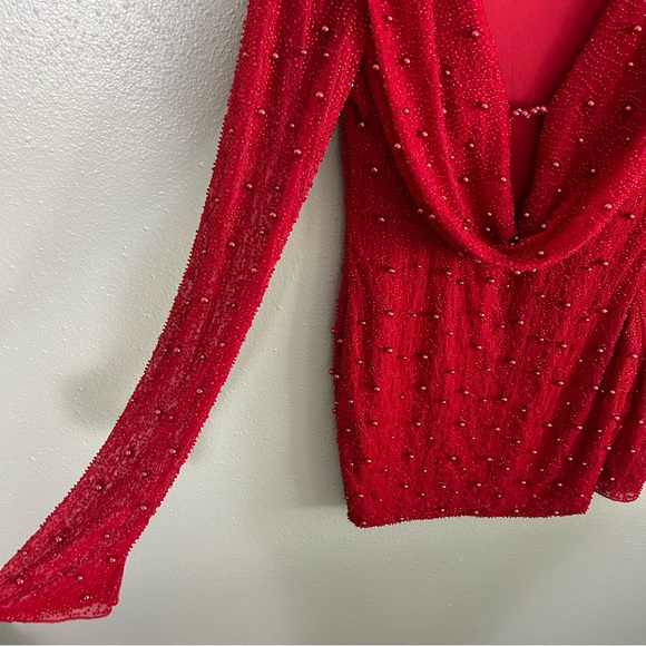 Oh Polly Deep Plunge Fully Beaded Red Long Sleeve Cowl Neck Mini Dress 8 Holiday - Picture 6 of 13